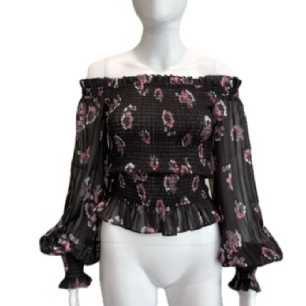 NWT WAYF Floral Metallic Smocked Top Size XS Sheer Off Shoulder Long Sleeve